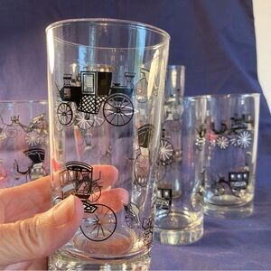 Set Of 6 Vintage Bar Glasses, Buggy, Horse Carriage, MCM Glassware, Barware